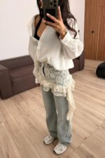 Beli Çiçek Dantelli Wide Leg Açık Mavi Jean - Görsel 3