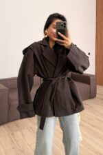 Premium Kısa Oversize Trenç Kahverengi