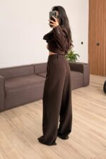 Rosa Pileli Palazzo Pantolon Kahverengi - Görsel 3