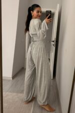 Beli Ayarlanabilir Uzun Kollu Bluz Eşofman Takım Gri - Görsel 4