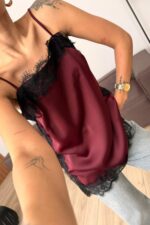 Askılı Dantel Detaylı Bluz Bordo - Görsel 2