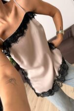 Askılı Dantel Detaylı Bluz Vizon - Görsel 2