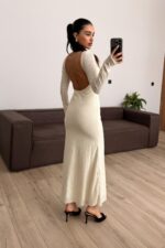 Sırtı Açık Çiçek Desenli Elbise Bej - Görsel 4