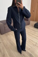 Çizgili Fermuarlı Ceket Pantolon Takım Lacivert - Görsel 2