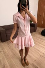 Eteği Fırfırlı Gömlek Elbise Pembe - Görsel 2