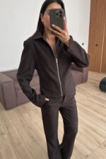 Çizgili Fermuarlı Ceket Pantolon Takım Kahverengi - Görsel 2