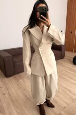 Drapeli Beli Bağlamalı Şalvar Takım Bej - Görsel 2