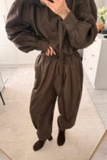 Yakası Kemerli Balon Kol Paraşüt Takım Acı Kahve - Görsel 4
