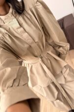 Yakası Kemerli Balon Kol Paraşüt Takım Bej - Görsel 3