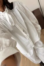 Yakası Kemerli Balon Kol Paraşüt Takım Beyaz - Görsel 4