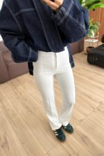 Önü Çımalı Krep Pantolon Beyaz - Görsel 2