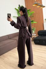 Breeze Bağlamalı Gömlek Pantolon Takım Kahverengi - Görsel 4