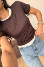 Çift Katlı İki Renk Tişört Kahverengi - Görsel 2