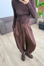 Paçası Düğmeli Saten Şalvar Pantolon Kahverengi - Görsel 2