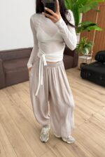 Paçası Düğmeli Saten Şalvar Pantolon Taş - Görsel 2