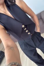 Gold Düğmeli Yakalı Yelek Siyah - Görsel 3