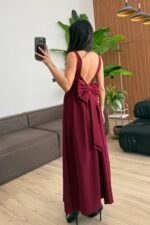 Kare Yaka Fiyonklu Elbise Bordo - Görsel 3