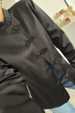 Saten Vatkalı Mandarin Ceket Siyah - Görsel 2