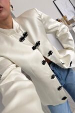 Saten Vatkalı Mandarin Ceket Ekru - Görsel 2