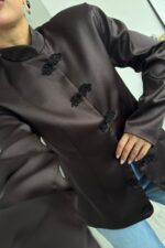 Saten Vatkalı Mandarin Ceket Kahverengi - Görsel 2