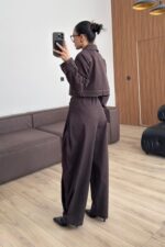 Paçası Çıtçıtlı Gold Düğmeli Takım Kahverengi - Görsel 3