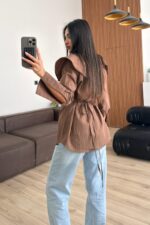 Omzu Fırfırlı Çizgili Gömlek Kahverengi - Görsel 4