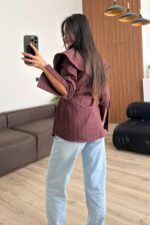 Omzu Fırfırlı Çizgili Gömlek Bordo - Görsel 3