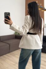 Süet Kemerli Keten Ceket Taş - Görsel 3