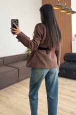 Süet Kemerli Keten Ceket Kahverengi - Görsel 3