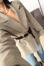 Süet Kemerli Keten Ceket Haki - Görsel 2