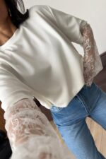 Kolları Dantelli Tişört Beyaz - Görsel 2
