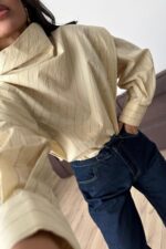 Dik Yaka Çizgili Bluz Bej - Görsel 2