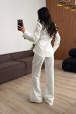 Belden Oturtmalı Gizli Düğmeli Pantolon Takım Ekru - Görsel 4