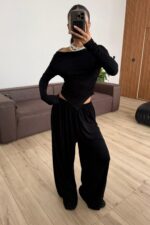 Apoline Üçgen Kesim Crop Pantolon Takım Siyah - Görsel 2