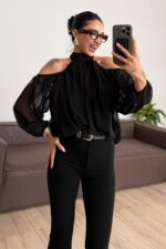 Şifon Boyundan Bağlamalı Bluz Siyah