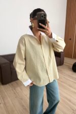 Yakası Beyaz Çizgili Gömlek Sarı - Görsel 2