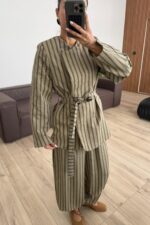 Çizgili Yakasız Ceket Şalvar Pantolon Takım Haki - Görsel 2