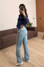 Paçası Kesik Straight Mavi Yıkamalı Jean - Görsel 4