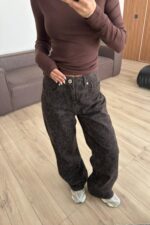 Çiçek Desenli Geniş Paça Kahve Jean - Görsel 2