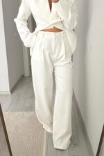 Rosa Pileli Palazzo Pantolon Beyaz - Görsel 2