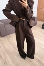 Rosa Pileli Palazzo Pantolon Kahverengi - Görsel 2