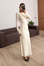 Sırtı Açık Çiçek Desenli Elbise Bej