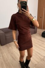 Drapeli Mini Elbise Kahverengi - Görsel 2