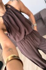 Omuzdan Bağlamalı Halter Yaka Takım Kahverengi - Görsel 3