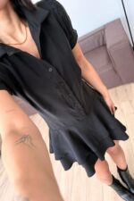 Eteği Fırfırlı Gömlek Elbise Siyah - Görsel 3