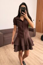 Eteği Fırfırlı Gömlek Elbise Kahverengi - Görsel 2