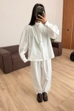 Yakası Kemerli Balon Kol Paraşüt Takım Beyaz - Görsel 3