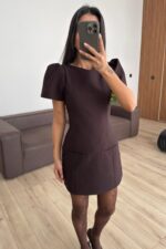 Balon Kol Cep Detaylı Mini Elbise Kahverengi - Görsel 2