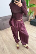 Paçası Düğmeli Saten Şalvar Pantolon Mürdüm - Görsel 2