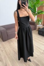 Kare Yaka Fiyonklu Elbise Siyah - Görsel 2